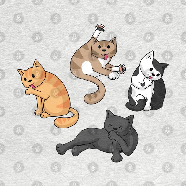 Four Cats Washing by Doodlecats 